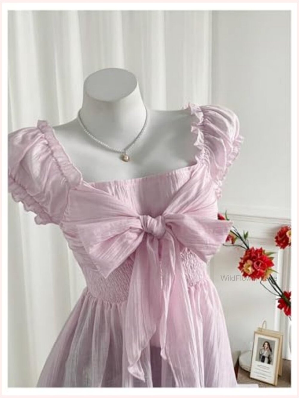 Women's Summer Puff Sleeve Peplum Blouse Tie Bow Chiffon Top - Picture 5 of 5